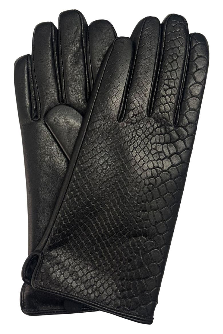 Snakeskin Embossed Leather Gloves, Main, color, BLACK