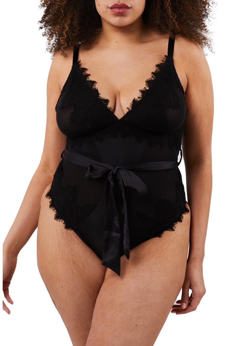 Lace & Mesh Teddy, Main, color, BLACK