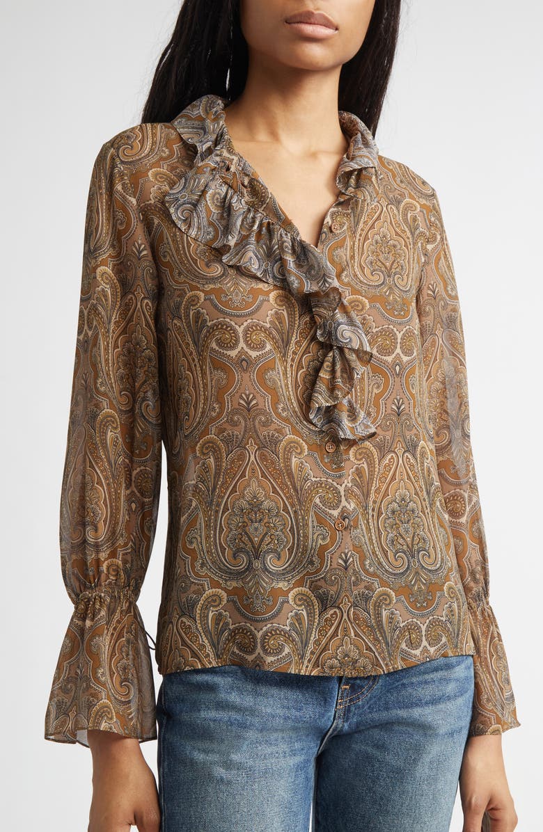 Nili Lotan Cecily Paisley Ruffle Trim Button-Up Silk Top, Alternate, color, Khaki Paisley