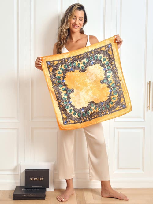 Silksilky Pure Silk Floral Pattern Square Scarf In Orange