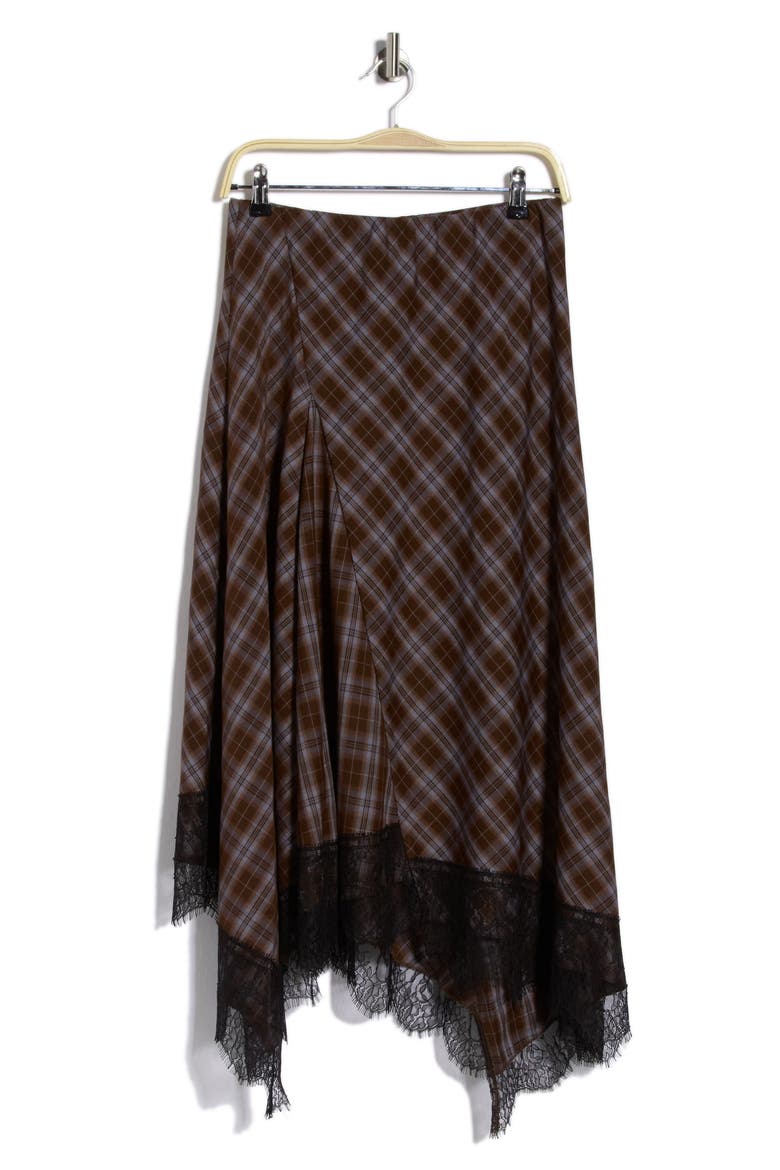 Handkerchief Hem Plaid Midi Skirt with Lace Trim, Alternate, color, BROWN BLUE PLAID