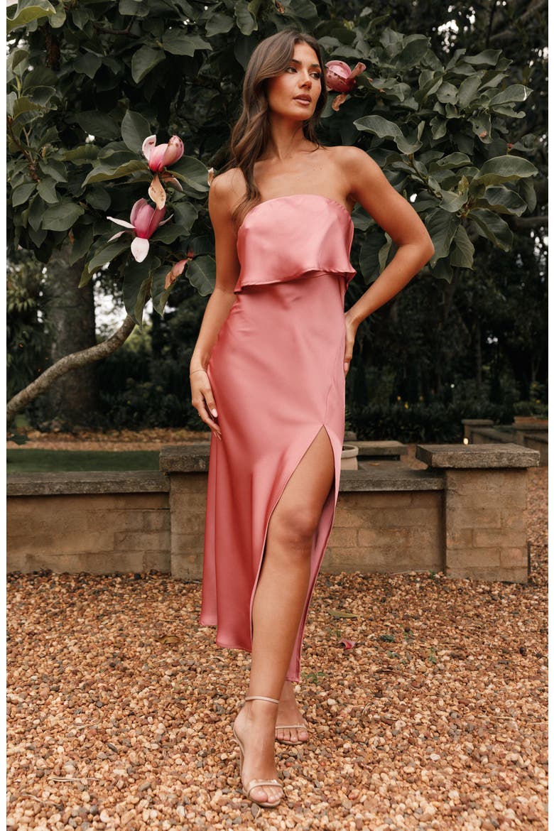 Vienna Popover Strapless Satin Midi Dress, Alternate, color, DUSTY ROSE