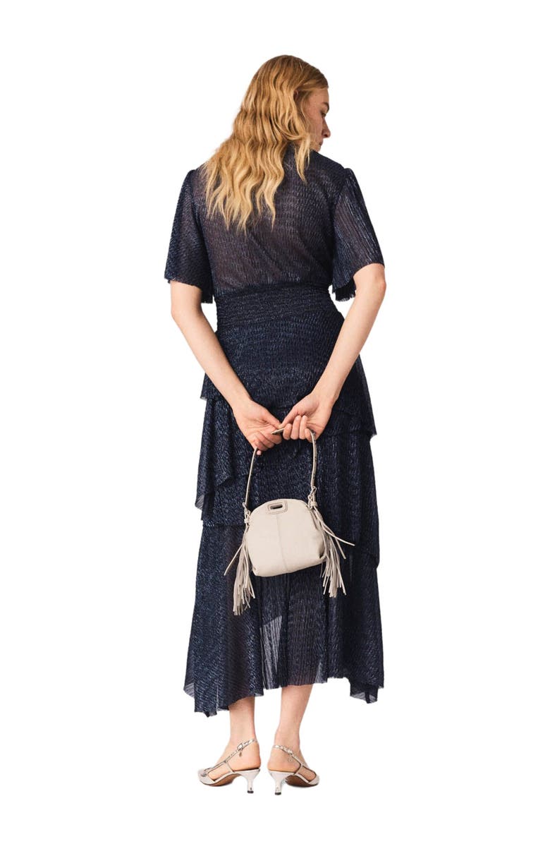 maje Metallic ruffled midi dress, Alternate, color, Navy