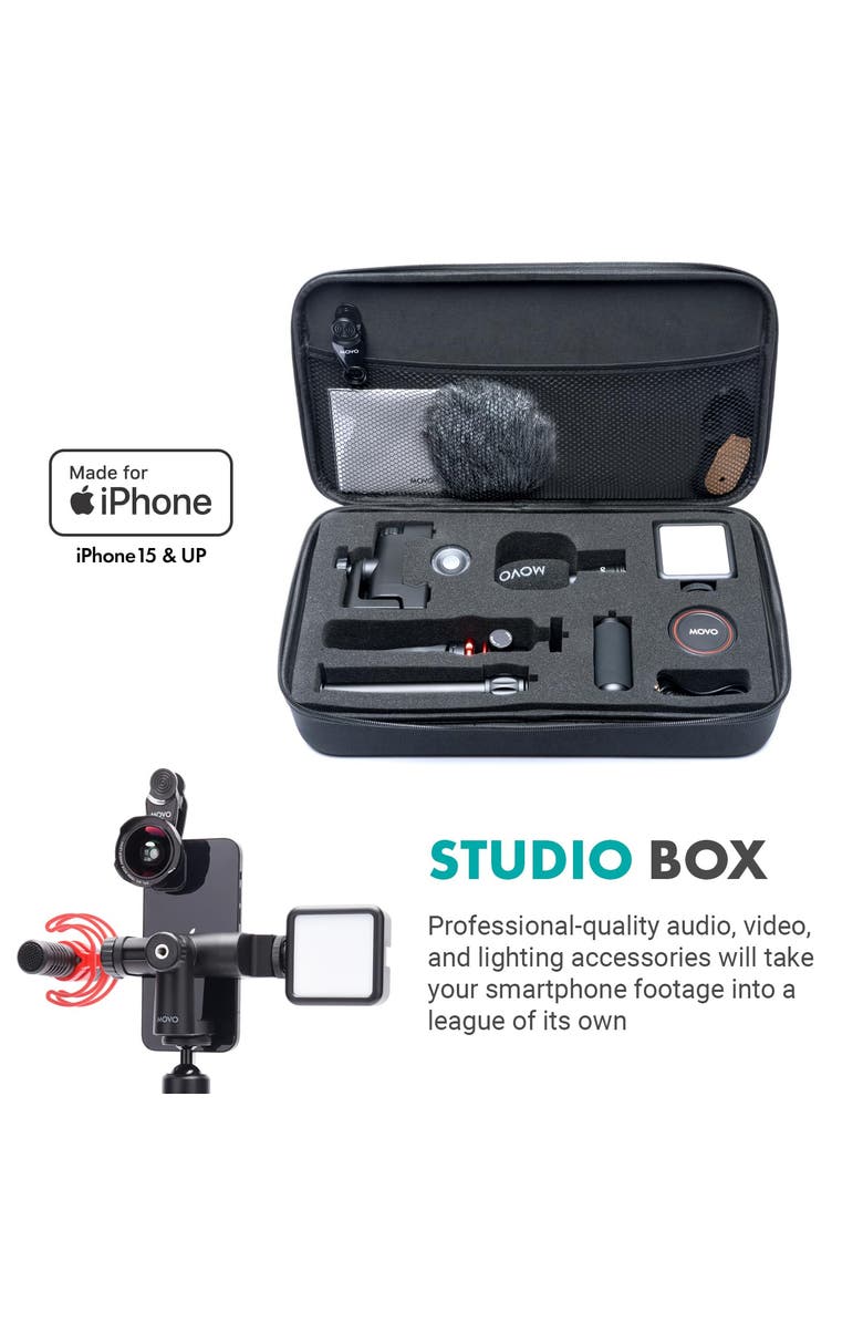 MOVO iVlog1-IP Vlogging Kit for iPhone 15/16 and up with Fullsize Tripod, Mic, Light, More), Alternate, color, Black