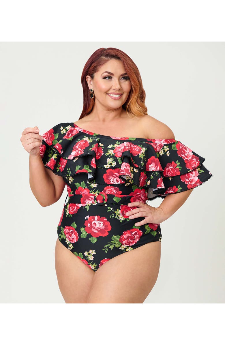 Unique Vintage Off Shoulder Nantucket Swimsuit, Alternate, color, Black Cabbage Rose Print