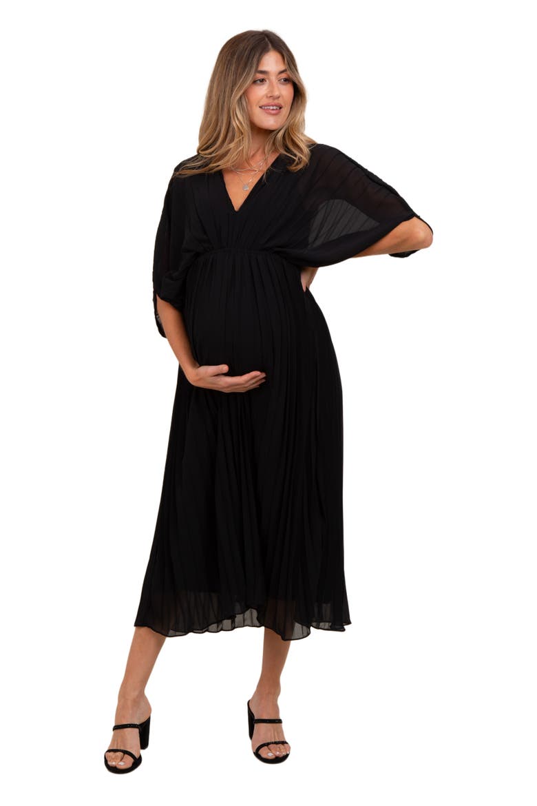 Pleated V Neck Maxi Dress, Alternate, color, Black