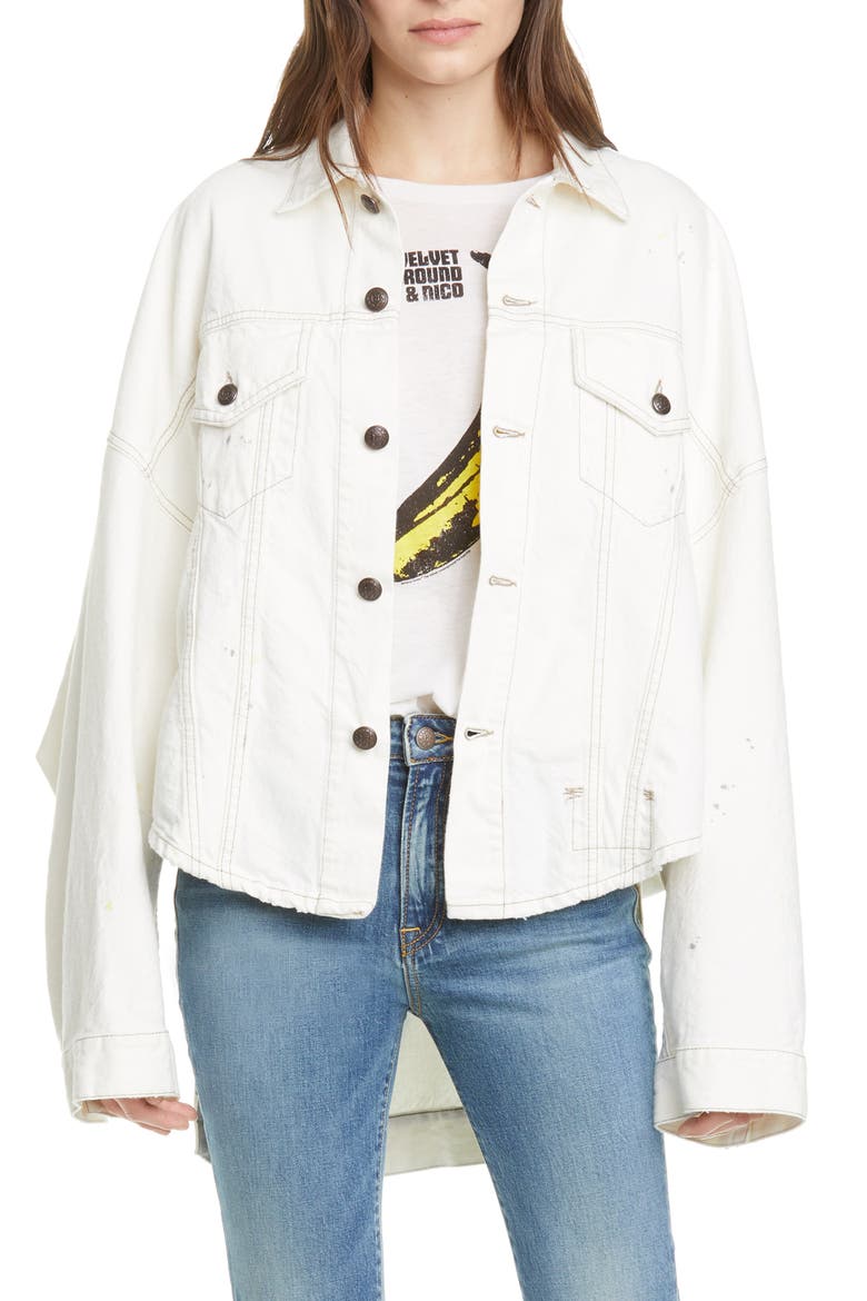 Max's Oversized High/Low Denim Trucker Jacket, Main, color, NOLLIE WHITE