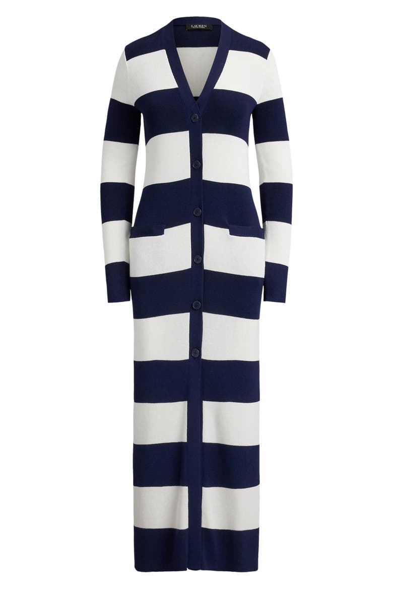 Stripe Longline Cotton Blend Cardigan, Alternate, color, REFINED NAVY BLUE/ WHITE