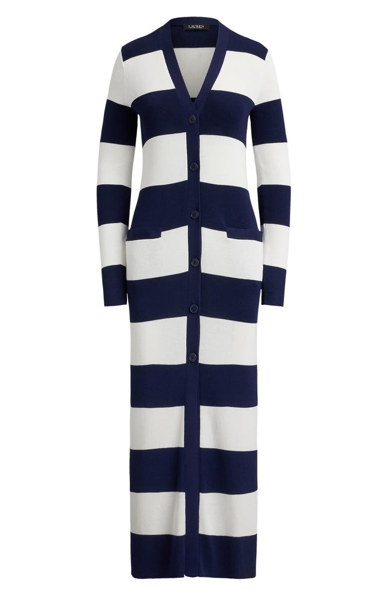Lauren Ralph Lauren Stripe Longline Cotton Blend Cardigan, Alternate, color, Refined Navy Blue/ White