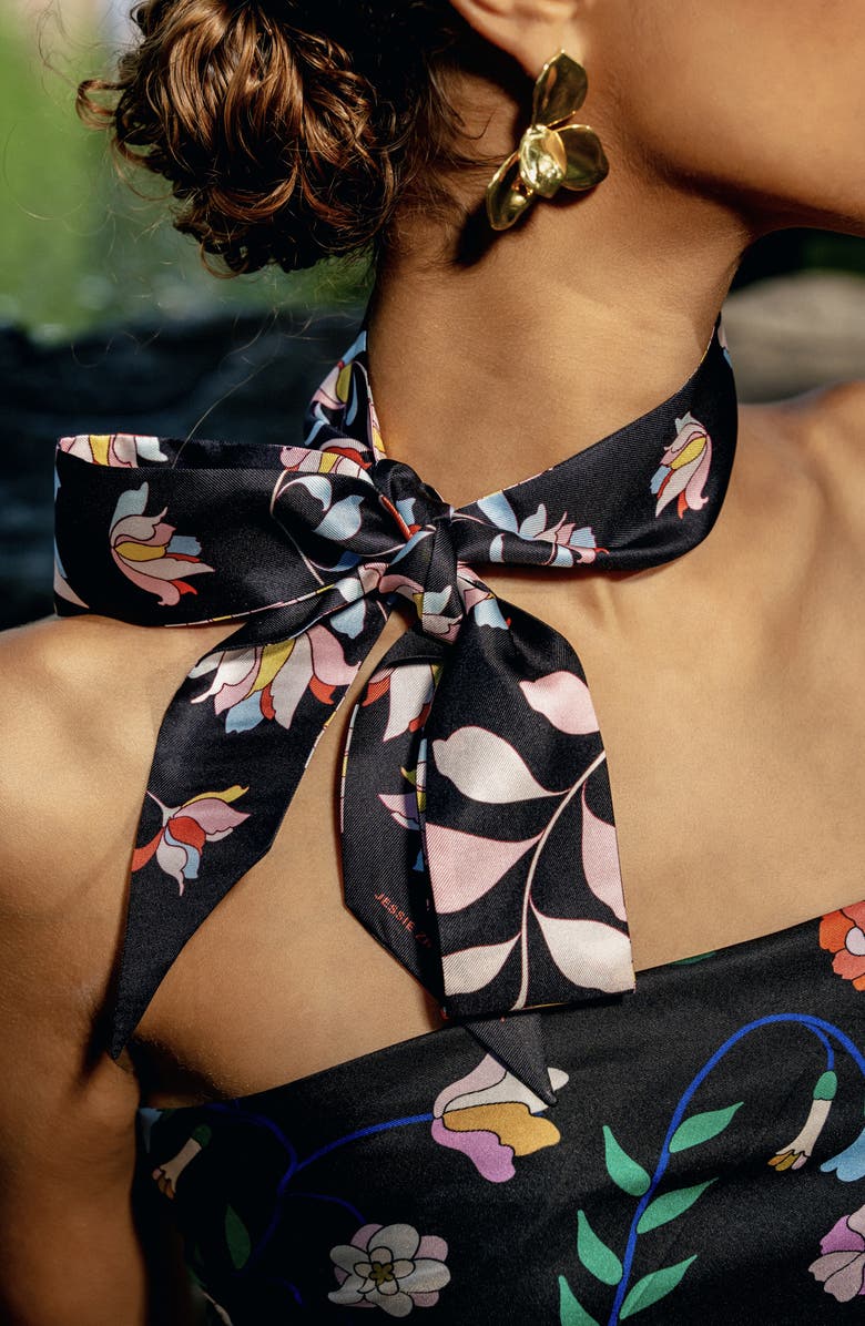 Jessie Zhao New York Silk Skinny Scarf Midnight Garden, Alternate, color, Black