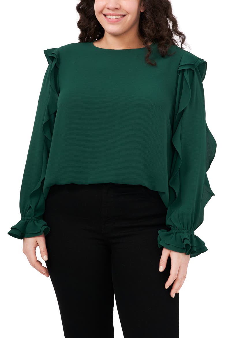 Ruffle Sleeve Crepe Top, Main, color, ALPINE GREEN