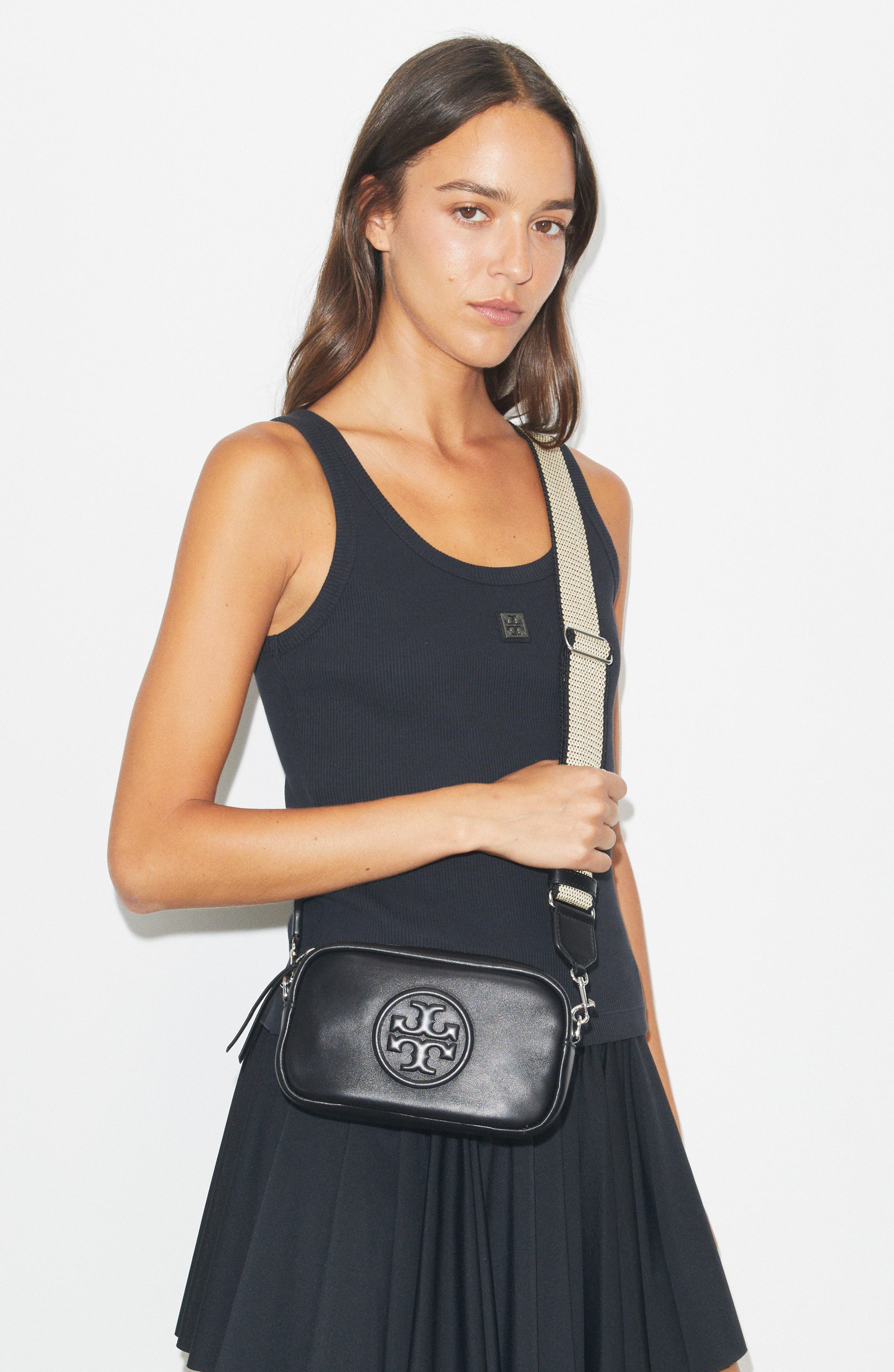 Tory Burch Mini Miller Soft Leather Crossbody Bag, Alternate, color, Black