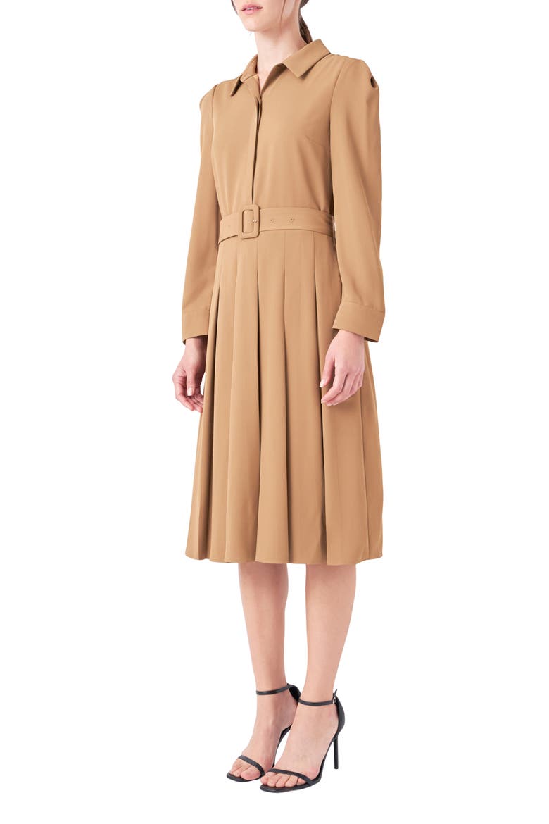 Pleated Long Sleeve Shirtdress, Alternate, color, CAMEL