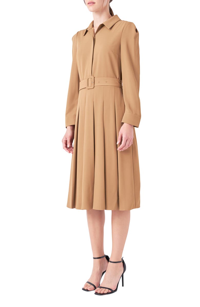 English Factory Pleated Long Sleeve Shirtdress, Alternate, color, Camel