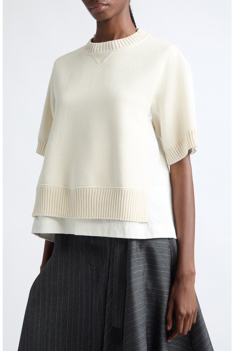 Mixed Media Short Sleeve Sweater, Alternate, color, OFF WHITE
