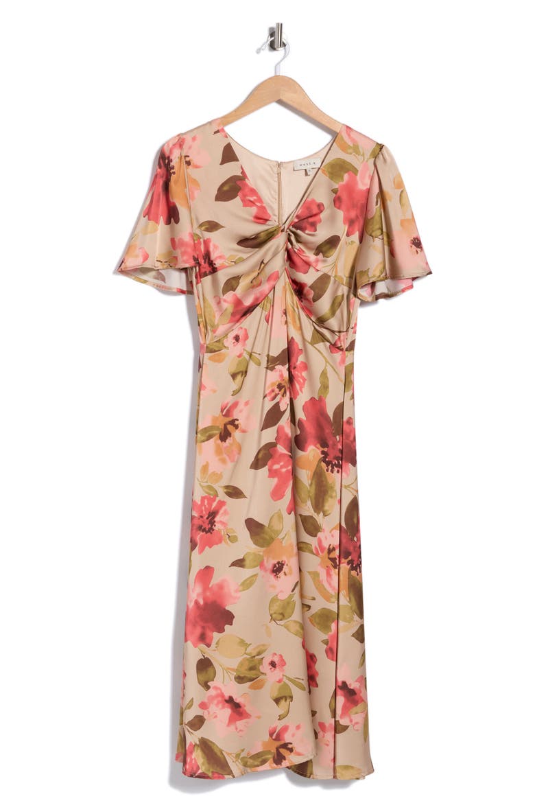 Front Twist Flutter Sleeve Midi Dress, Alternate, color, ROSE FLORAL
