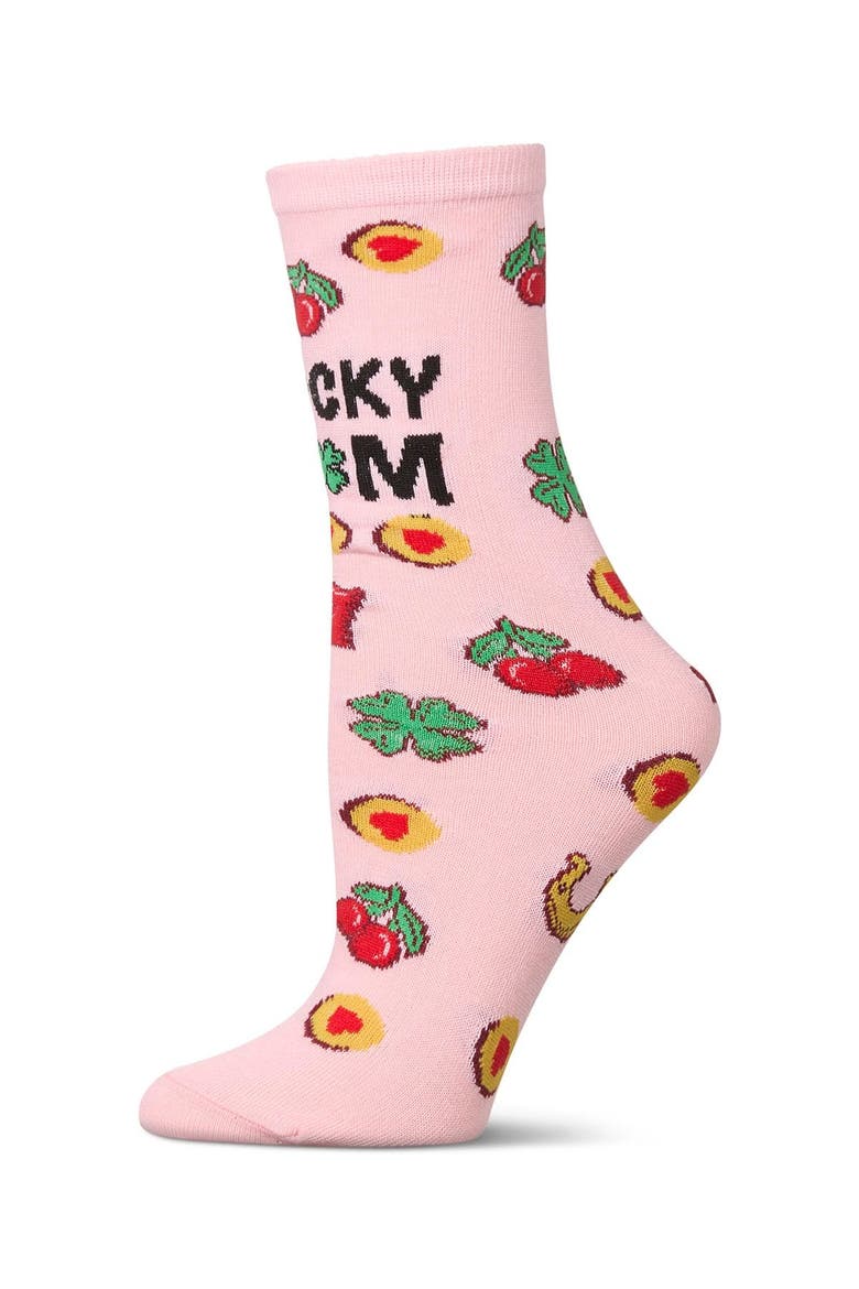 Big Kid's Lucky Mom Greeting Card Crew Socks, Main, color, Confetti Pink