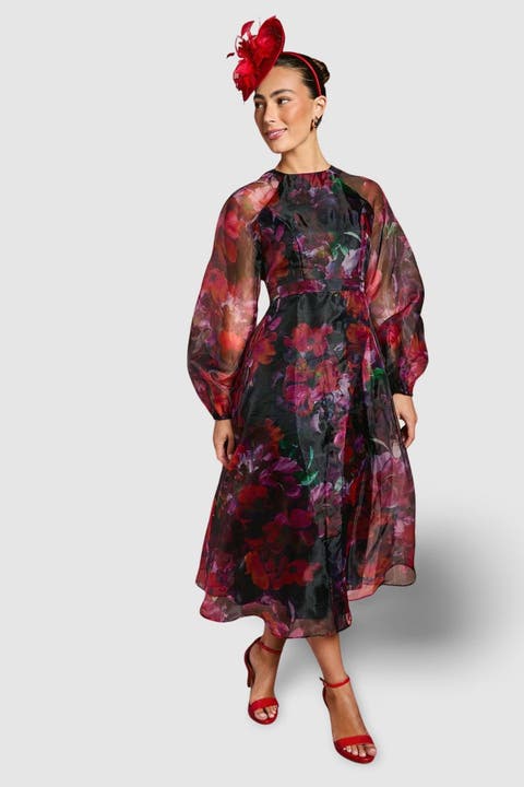 Organza Puff Sleeve Midi Dress