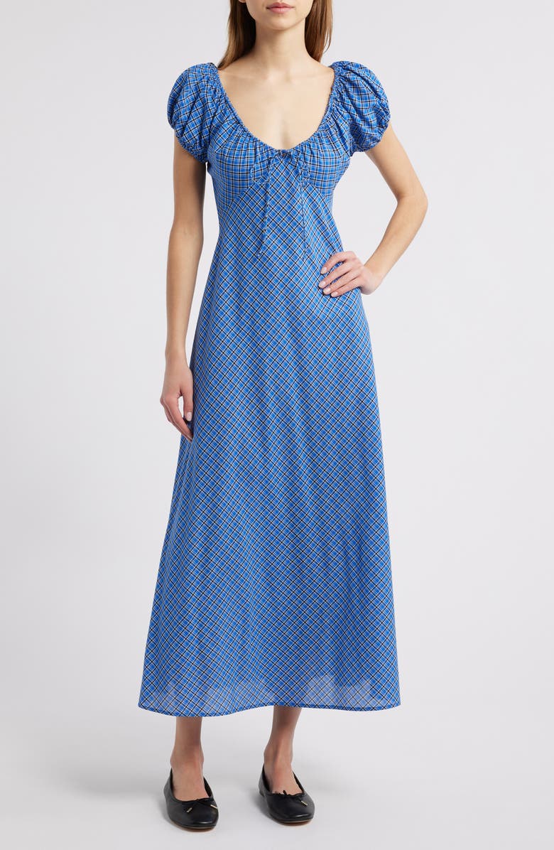 DÔEN Sofia Check Organic Cotton Voile Midi Dress, Main, color, Cassis Check