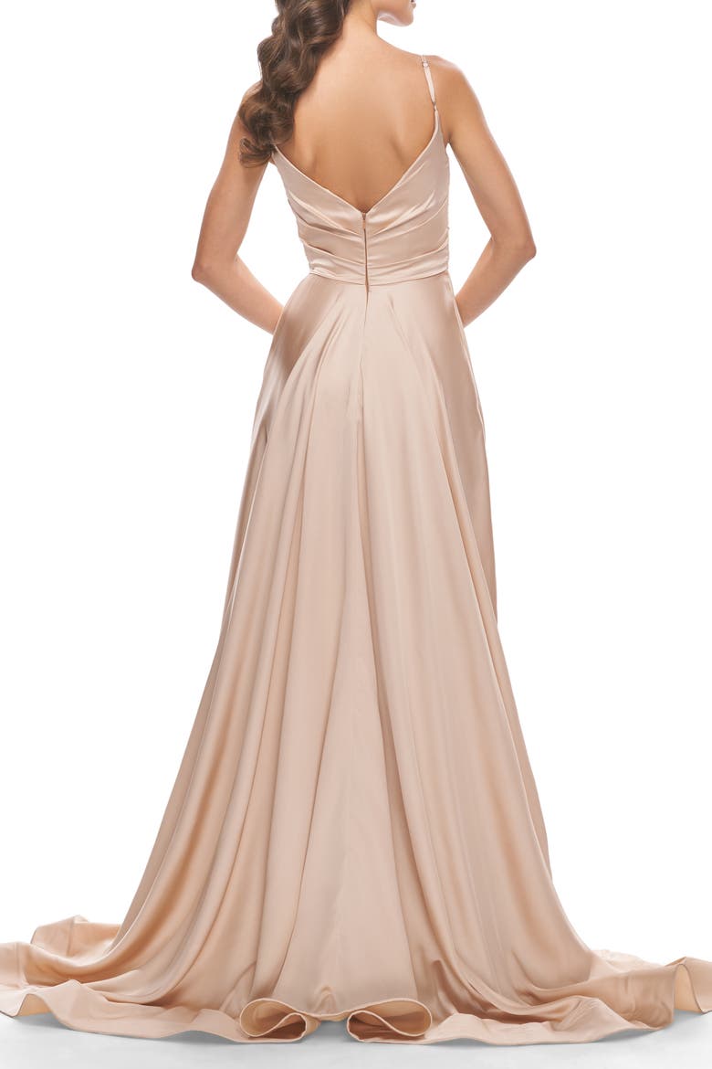 Long Satin Dress with Side Slit and V Shaped Back, Alternate, color, Beige