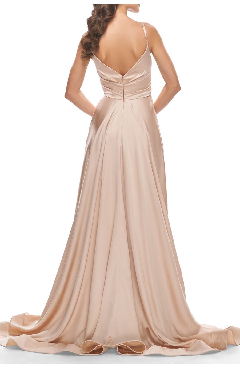 La Femme Long Satin Dress with Side Slit and V Shaped Back, Alternate, color, Beige