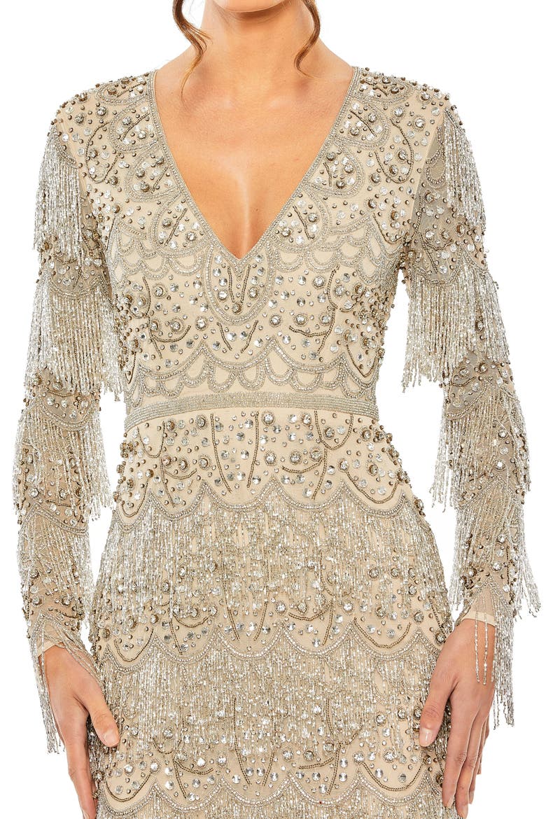 Beaded Fringe V-Neck Long Sleeve Gown, Alternate, color, Nude Silver