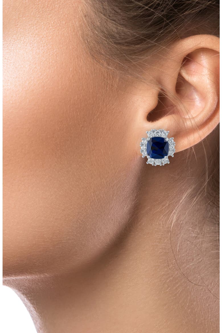 Cushion Cut Cubic Zirconia Halo Stud Earrings, Alternate, color, BLUE/ SILVER