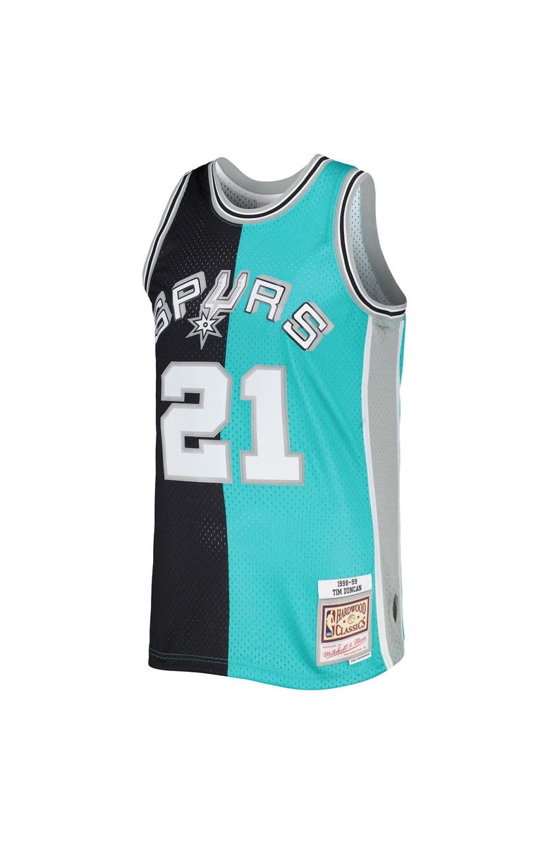 Mitchell & Ness Men's Mitchell & Ness Tim Duncan Black/Teal San Antonio Spurs Hardwood Classics 1998/99 Split Swingman Jersey, Alternate, color, 