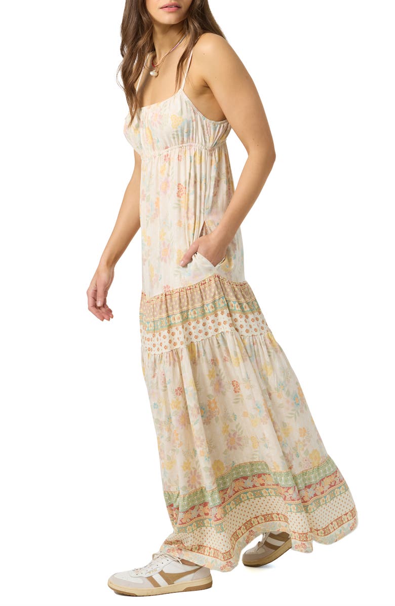O'Neill Lillie Floral Border Print Tiered Maxi Dress, Alternate, color, Tapioca