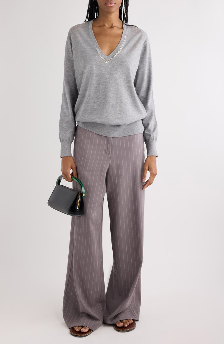 Dries Van Noten Tuomas Crystal Embellished Merino Wool V-Neck Sweater, Alternate, color, Grey