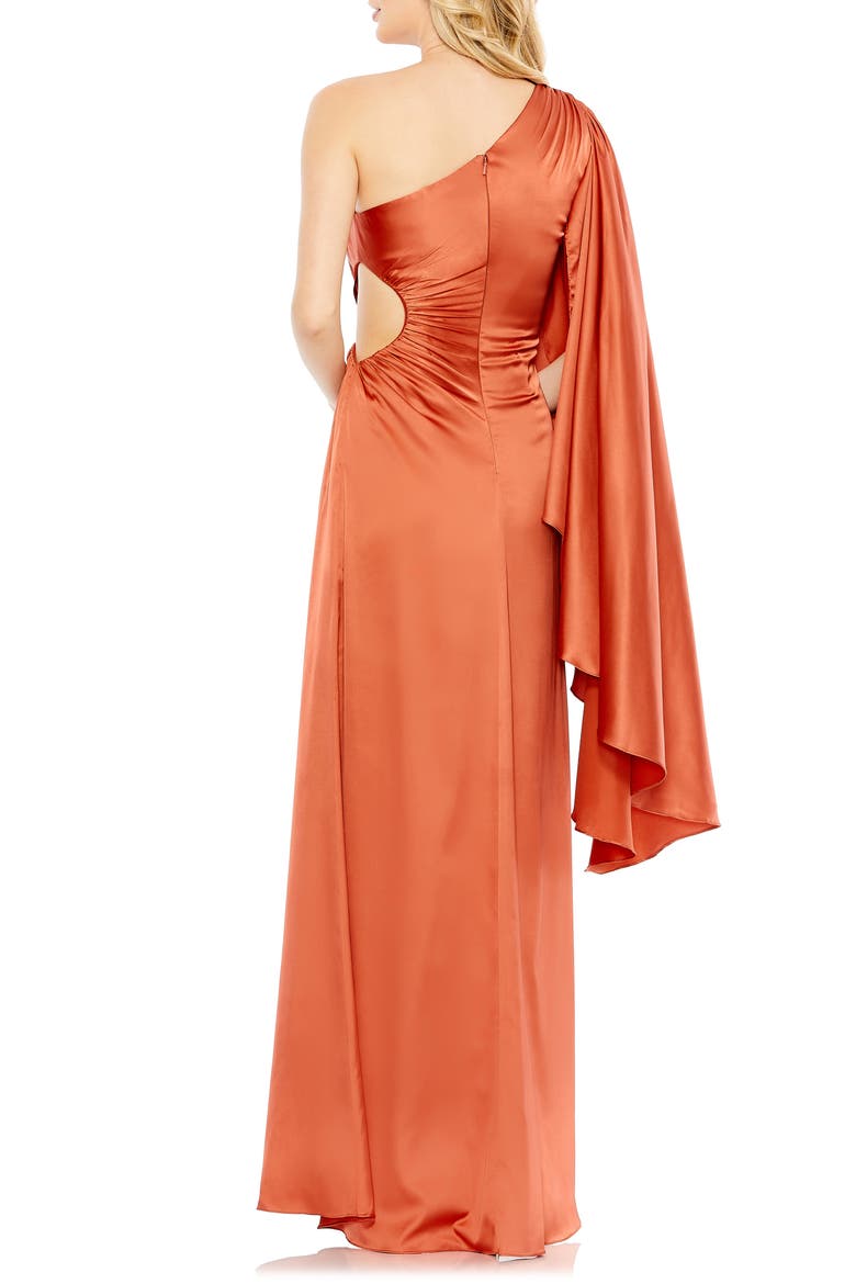 Drape Sleeve One-Shoulder Satin A-Line Gown, Alternate, color, RUST
