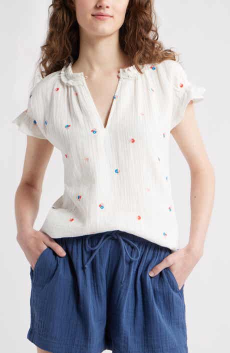 Caslon® Embroidered Cotton Gauze Top