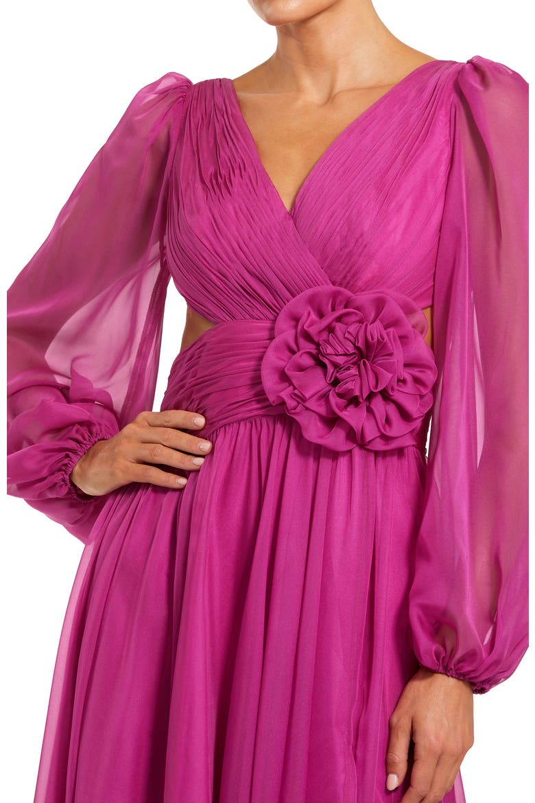 Long Sleeve V Neck Chiffon Gown With 3D Flower, Alternate, color, Magenta