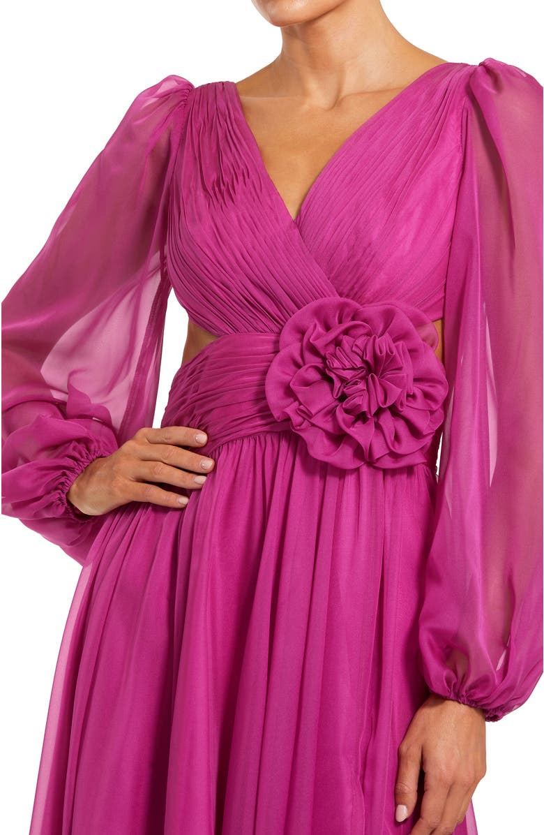 Mac Duggal Long Sleeve V Neck Chiffon Gown With 3D Flower, Alternate, color, Magenta