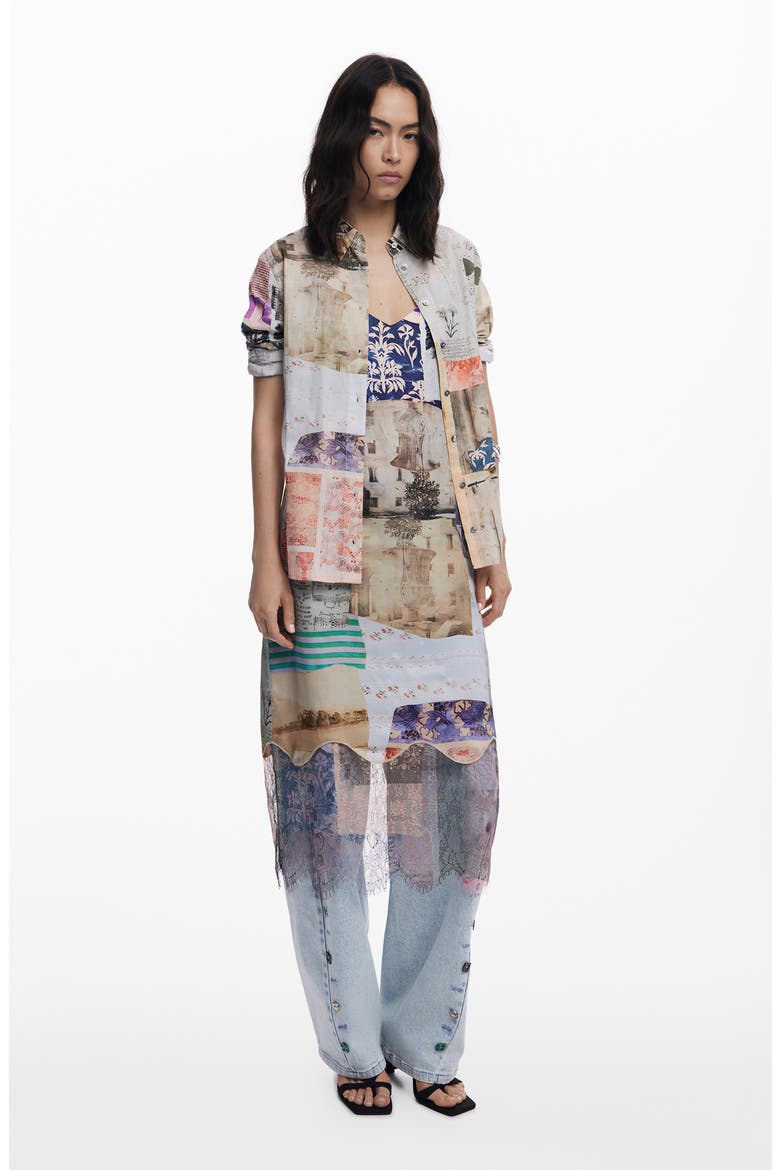 Collage Print Cotton Button-Up Shirt, Alternate, color, BEIGE