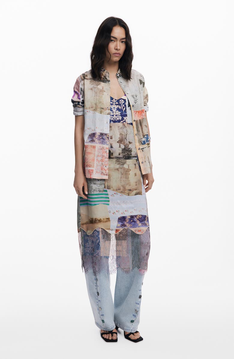 Desigual Collage Print Cotton Button-Up Shirt, Alternate, color, Beige