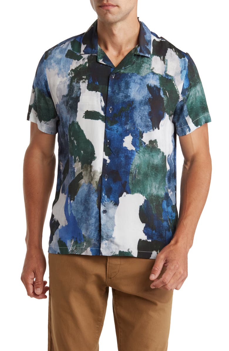 DENIM AND FLOWER Tie Dye Short Sleeve Button-Up Shirt, Main, color, 