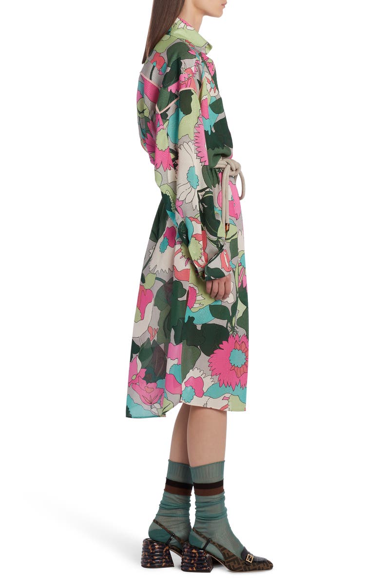 Fendi Floral Long Sleeve Silk Shirtdress, Alternate, color,
