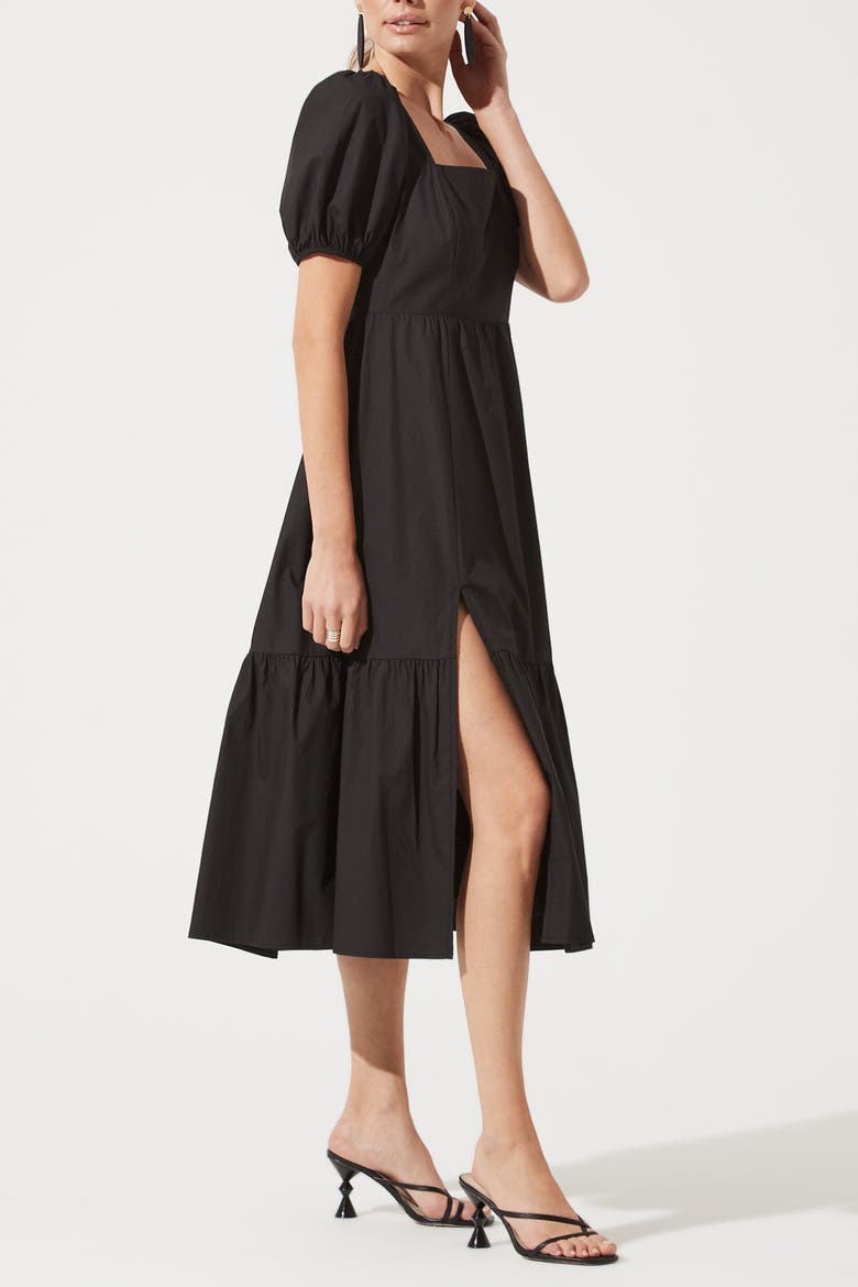 Astr Poplin Puff Sleeve Tiered Midi Dress, Alternate, color, BLACK