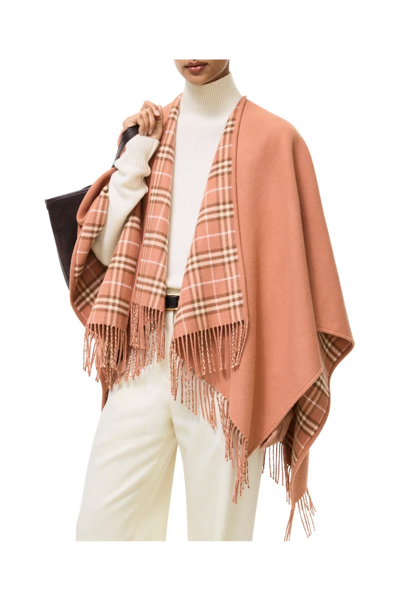Reversible Check Wool Cape, Alternate, color, Clay pink