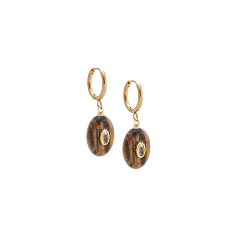 Oval Charm Bezel Natural Stone Drop huggie Earrings