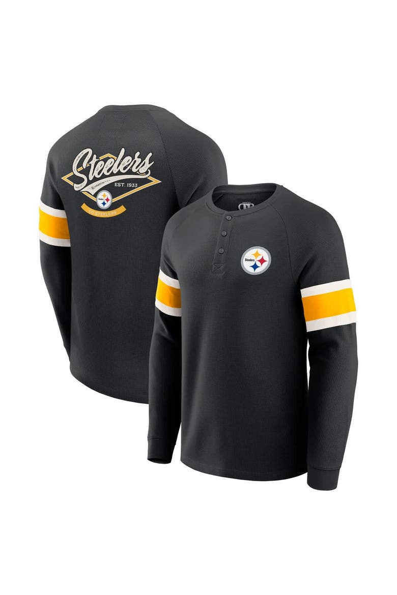Men's Darius Rucker Collection by Fanatics Black Pittsburgh Steelers Waffle-Knit Raglan Long Sleeve Henley T-Shirt, Main, color, Black