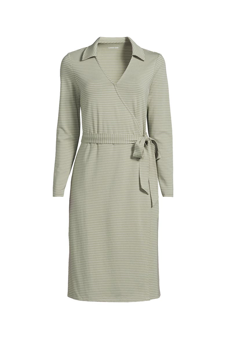Plus Size Cotton Modal Collared Wrap Dress, Alternate, color, Sage Thin Stripe