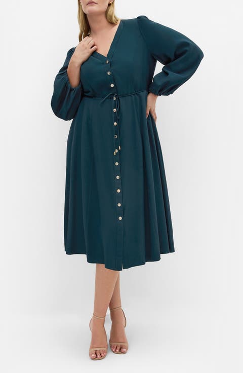 Kristina Tie Waist Long Sleeve Midi Dress (Plus)