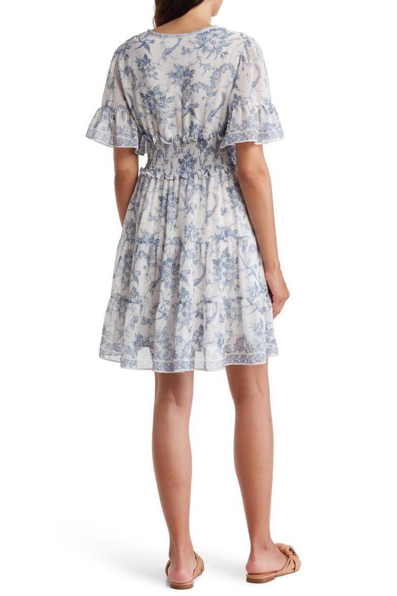 Georgette Ditsy Floral Print Tiered Dress, Alternate, color, CREAM/ BLUE FLORAL TOILE