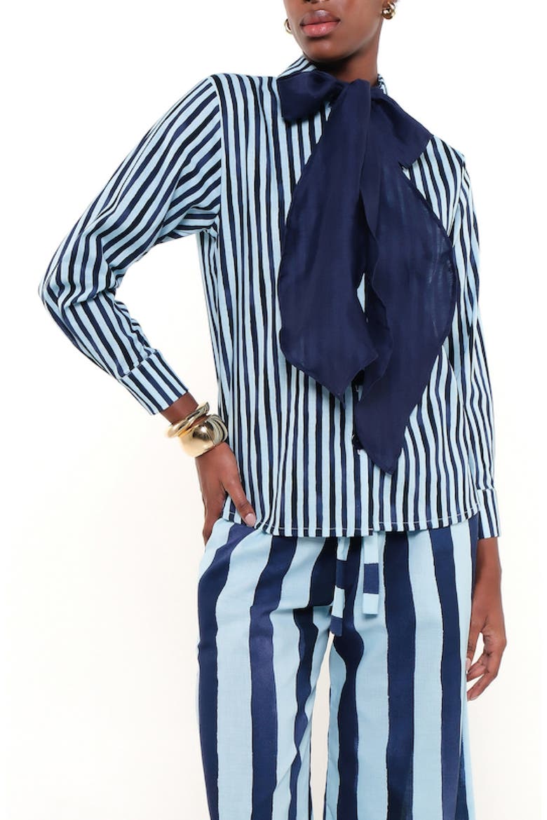 Olivia Tie Neck Linen Blend Shirt, Main, color, HERITAGE STRIPES MINI BLUE