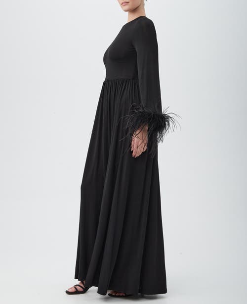 Trina Turk Orla Ruched Feather-trim Gown In Black