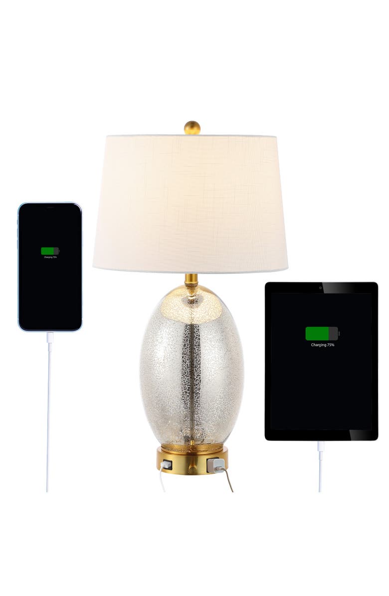 JONATHAN Y Reese 26.5" 1-Outlet Contemporary Style Iron/Glass LED Table Lamp with USB Charging Port, Main, color, Silver/Brass Gold