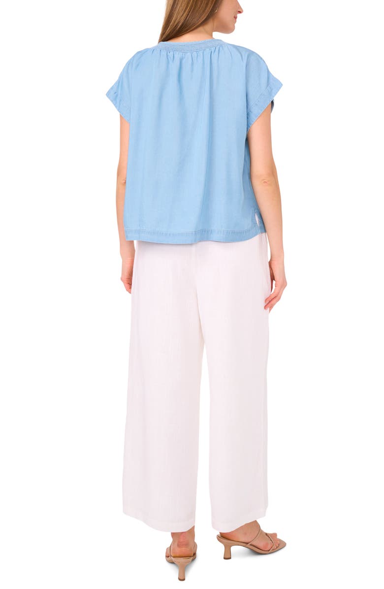 Vince Camuto Shirred Tie Neck Chambray Top, Alternate, color, Indigo