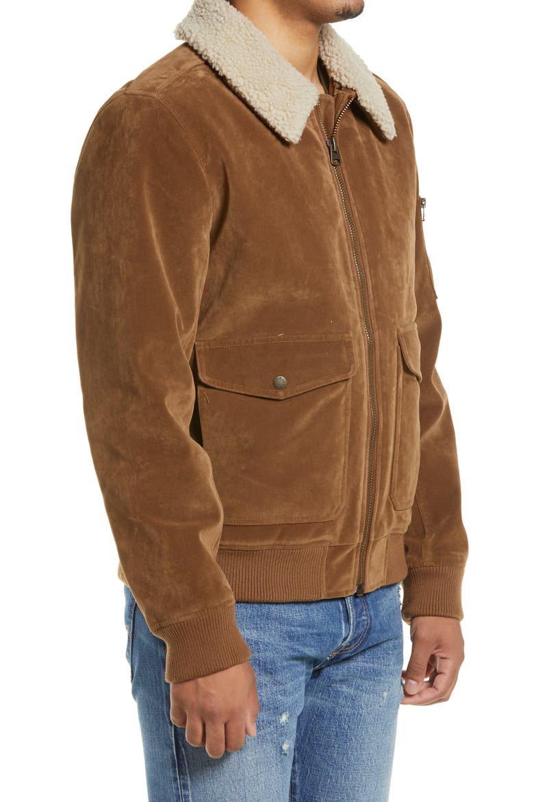 Levi's® Faux Suede Aviator Bomber Jacket with Removable Faux Shearling Collar, Alternate, color, COGNAC/ CREAM